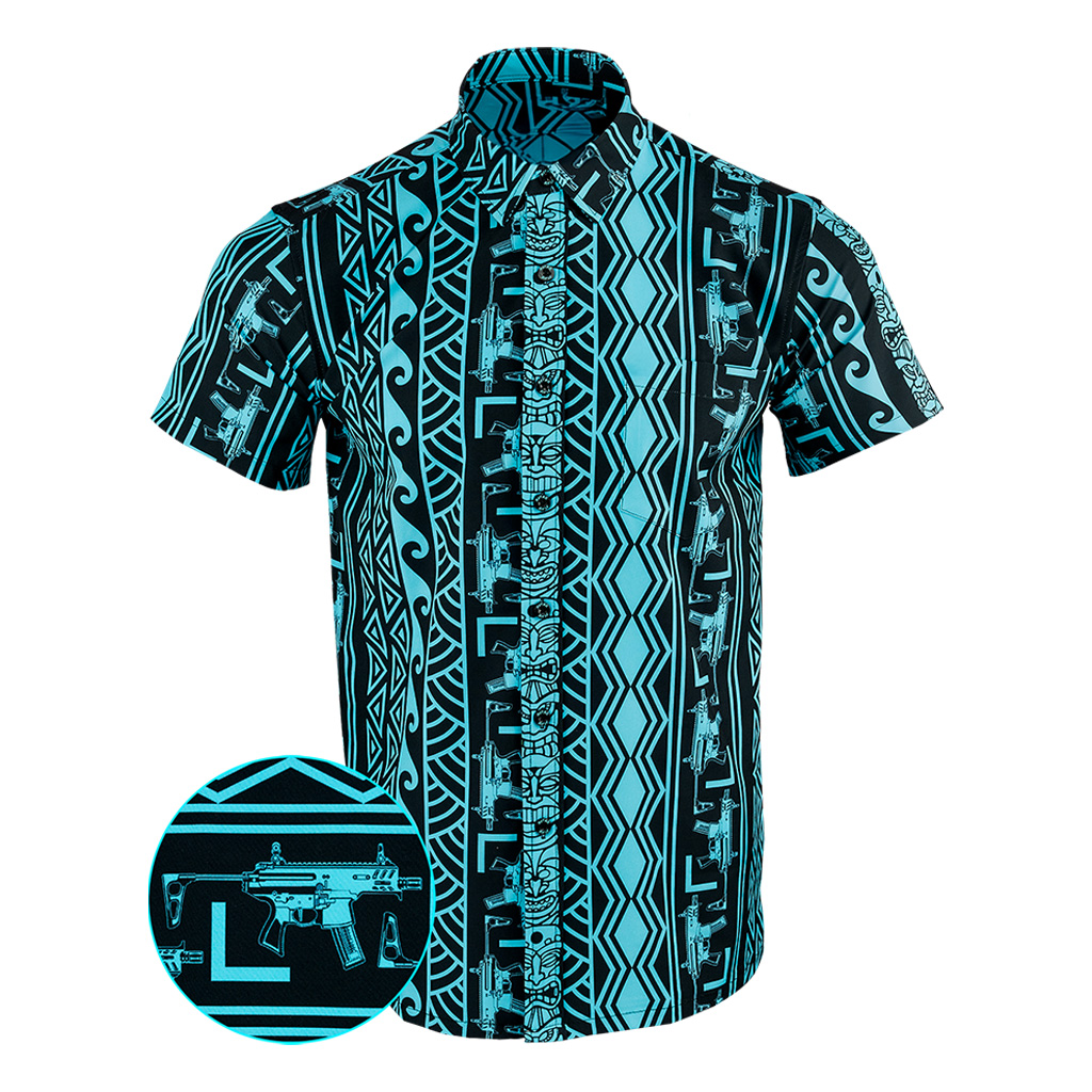 Tiki Black Cyan Button Down Shirt Tactical Hawaiian Shirt Good Gifts For Dad