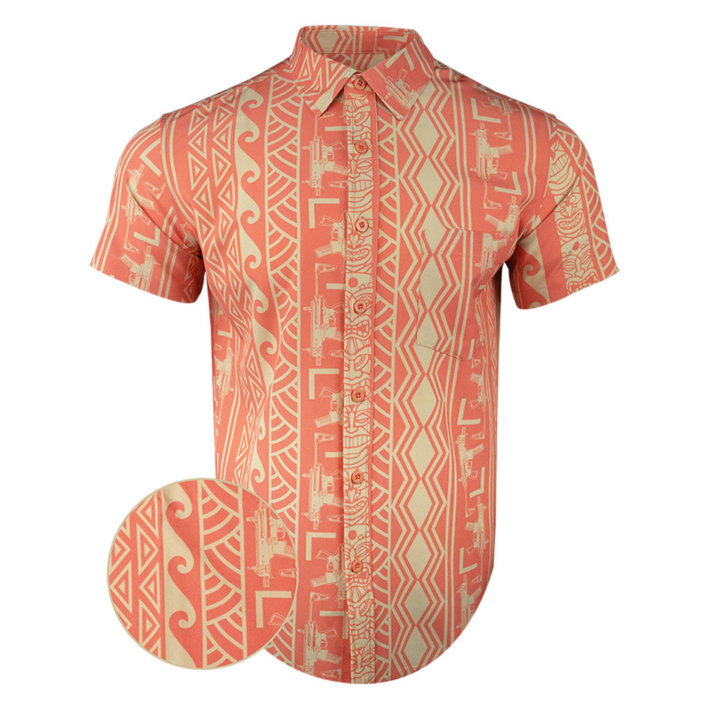 Tiki Orange Button Down Shirt Tactical Hawaiian Shirt Gifts For Gun Lovers