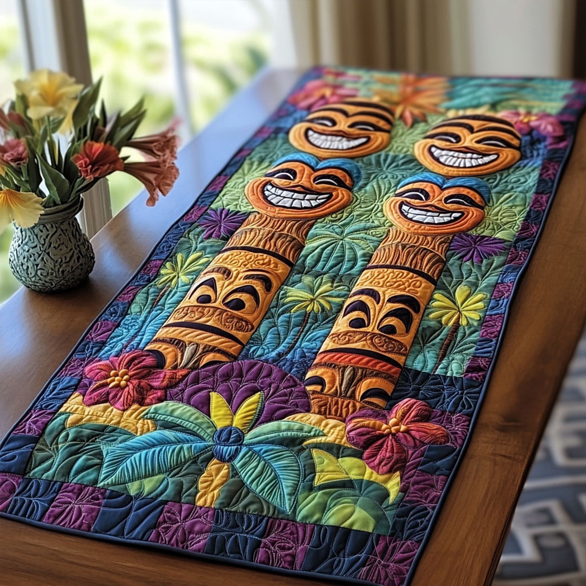 Tiki Paradise Quilted Table Runner Tropical Themed Kitchen Decor Best Friend Gift Ideas