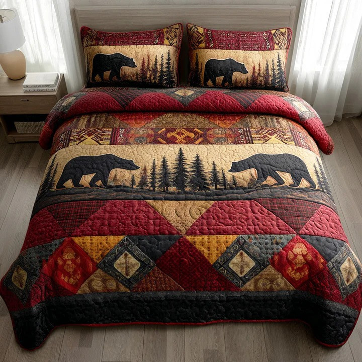 Timber Bear 3-Piece Quilted Bedding Set Rustic Wildlife Bedspread Best Gift For Bear Lovers Campers