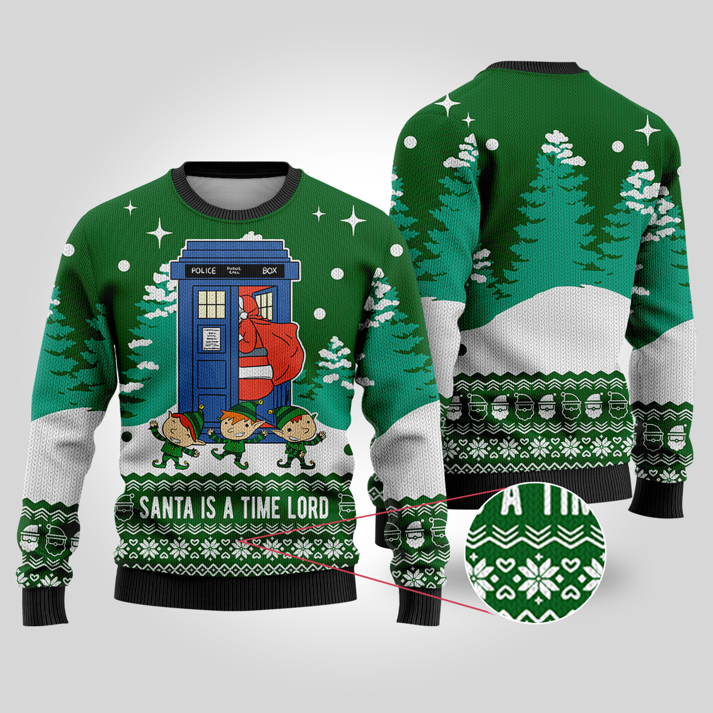 Time Lord Santa Doctor Who Ugly Christmas Sweater Forest Green Best Gift Idea for Christmas Enthusiasts