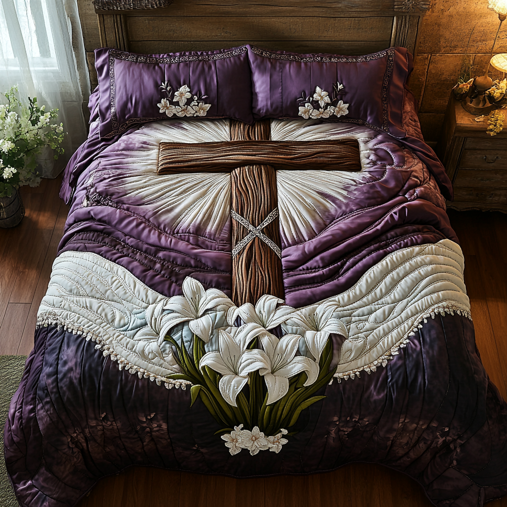 Timeless Cross Quilted Bedding Set Cozy Bedroom Decor Religious Christmas Presents