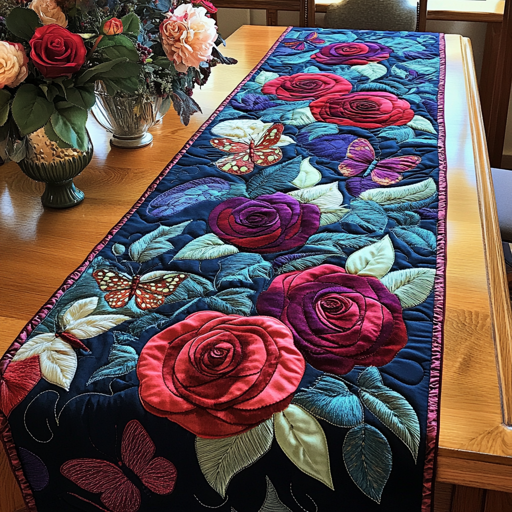 Timeless Roses Quilted Table Runner Floral Table Runner Family Gift Ideas