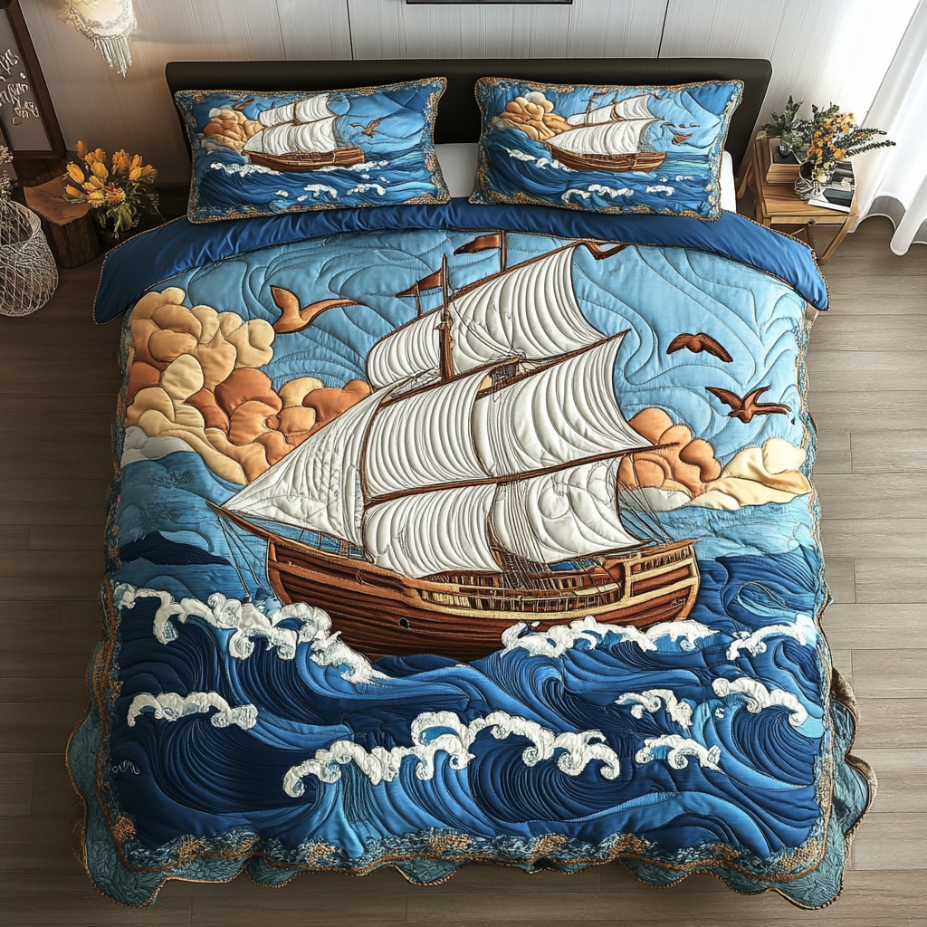Timeless Sailboat Quilted Bedding Set Bedroom Decorations Sailing Boat Gifts