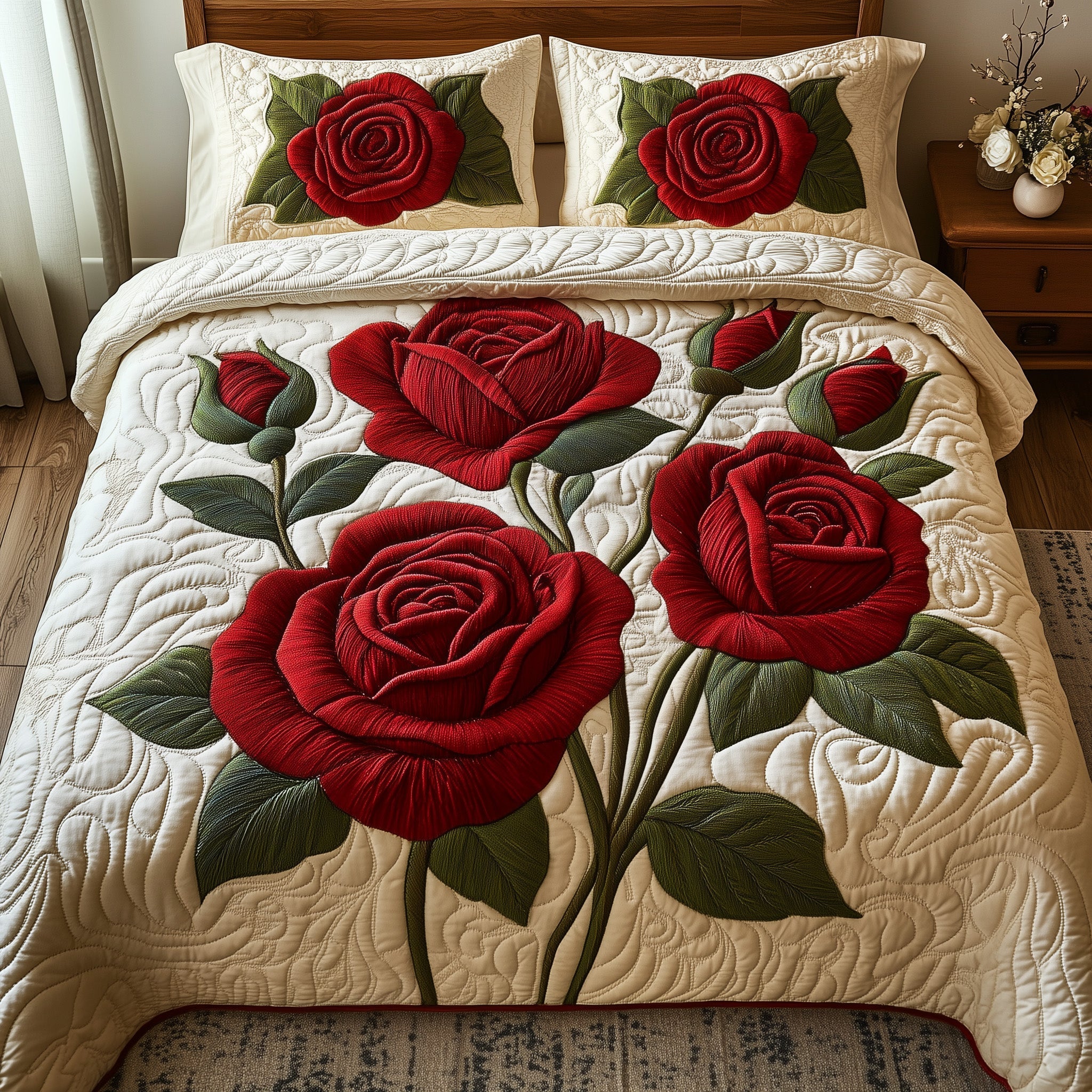 Timeless Scarlet Bloom Quilted Bedding Set Floral Bedroom Decor Best Gift For Flower Lovers