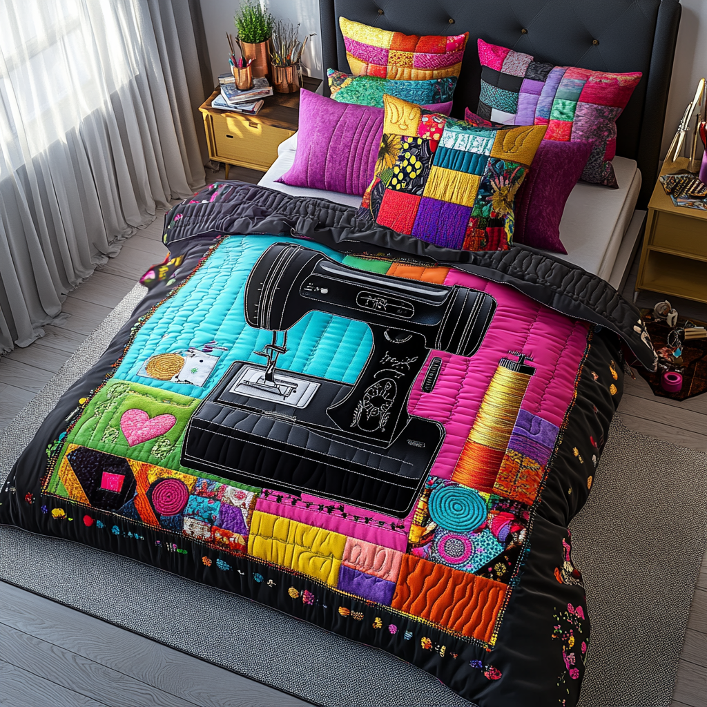Timeless Sewing Machine Quilted Bedding Set Bed Decor Gifts For Someone Who Sews