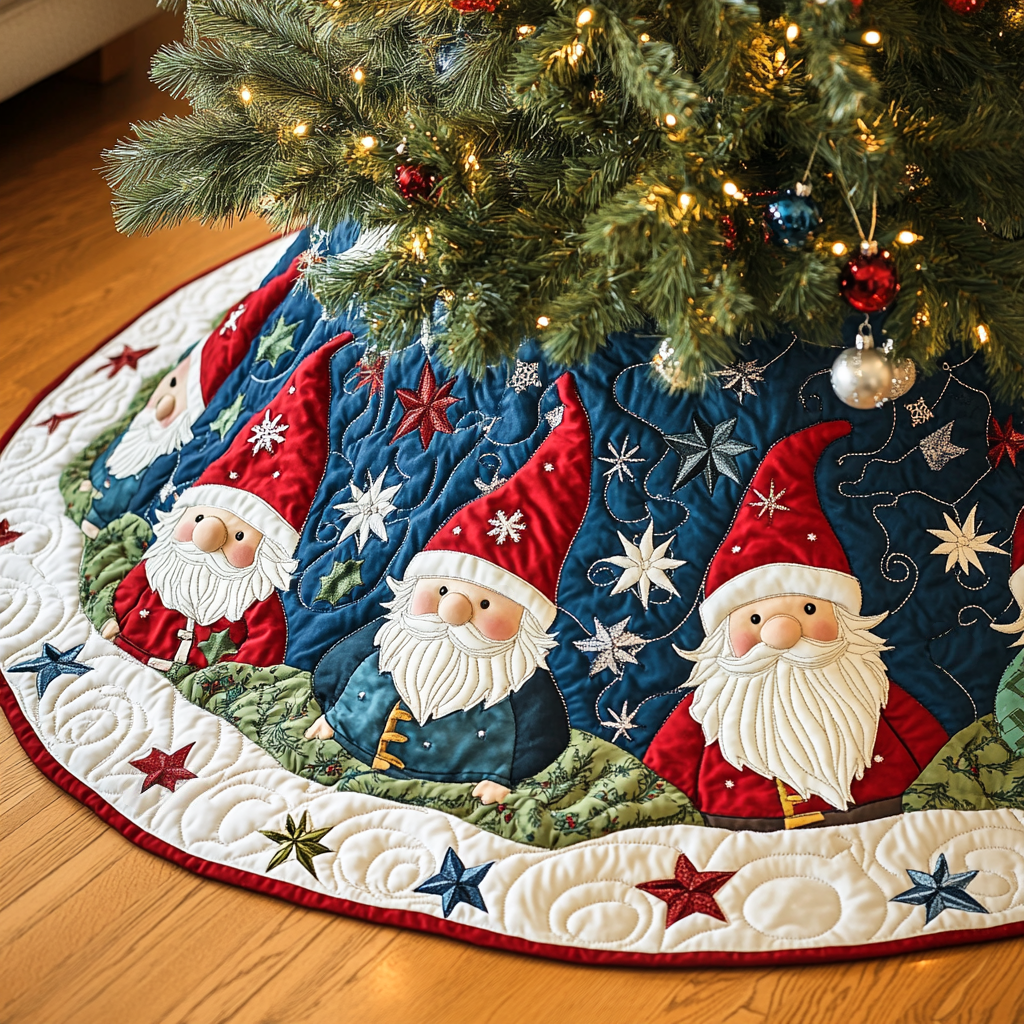 Tinsel Gnomes Quilted Christmas Tree Skirt Seasonal Gift Merch for Festive Homes
