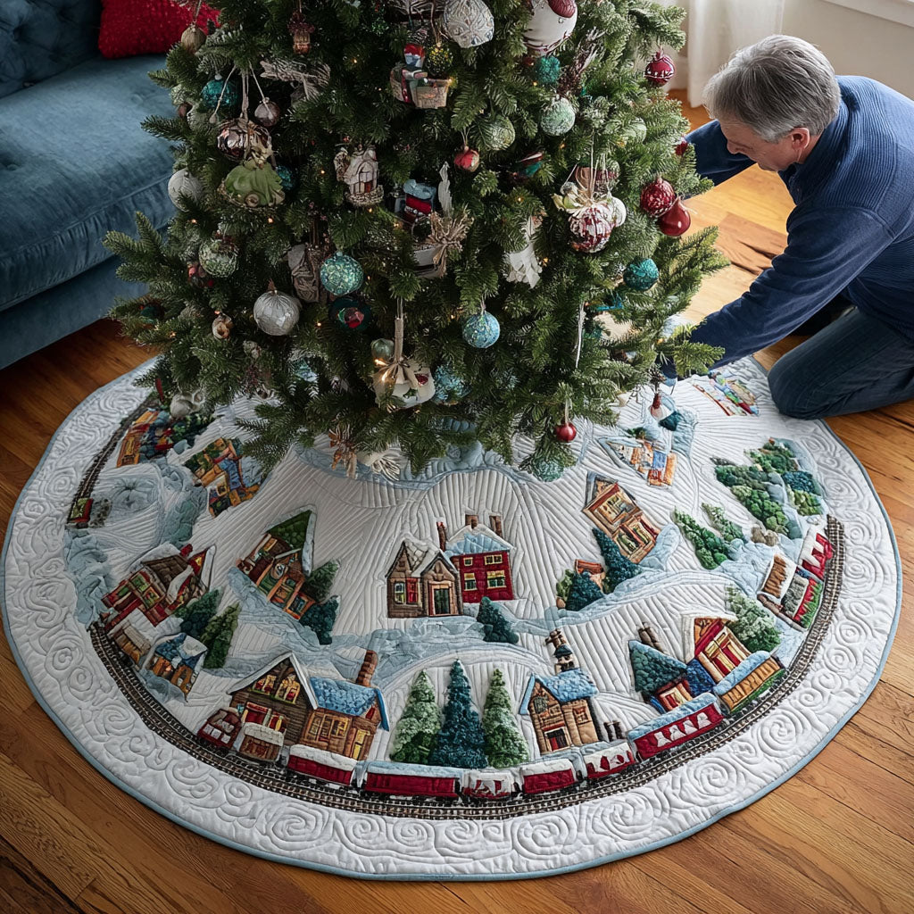 Tinsel Track Express Christmas Quilted Tree Skirt Holiday Decorations Indoor Xmas Gifts For Family