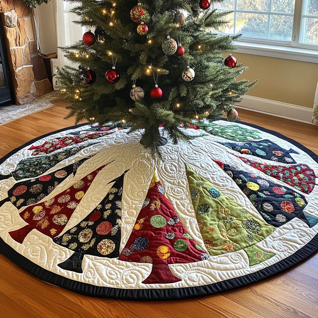 Tinsel Tree Whimsy Quilted Christmas Tree Skirt Xmas Under Tree Decoration Seasonal Tree Area Decoration
