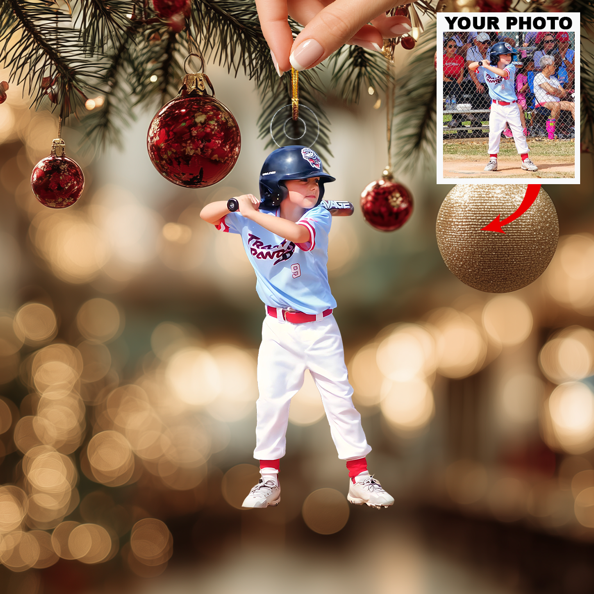 Tiny Bat Heroes Personalized Photo Mica Ornament Christmas Gift For Children Baseball