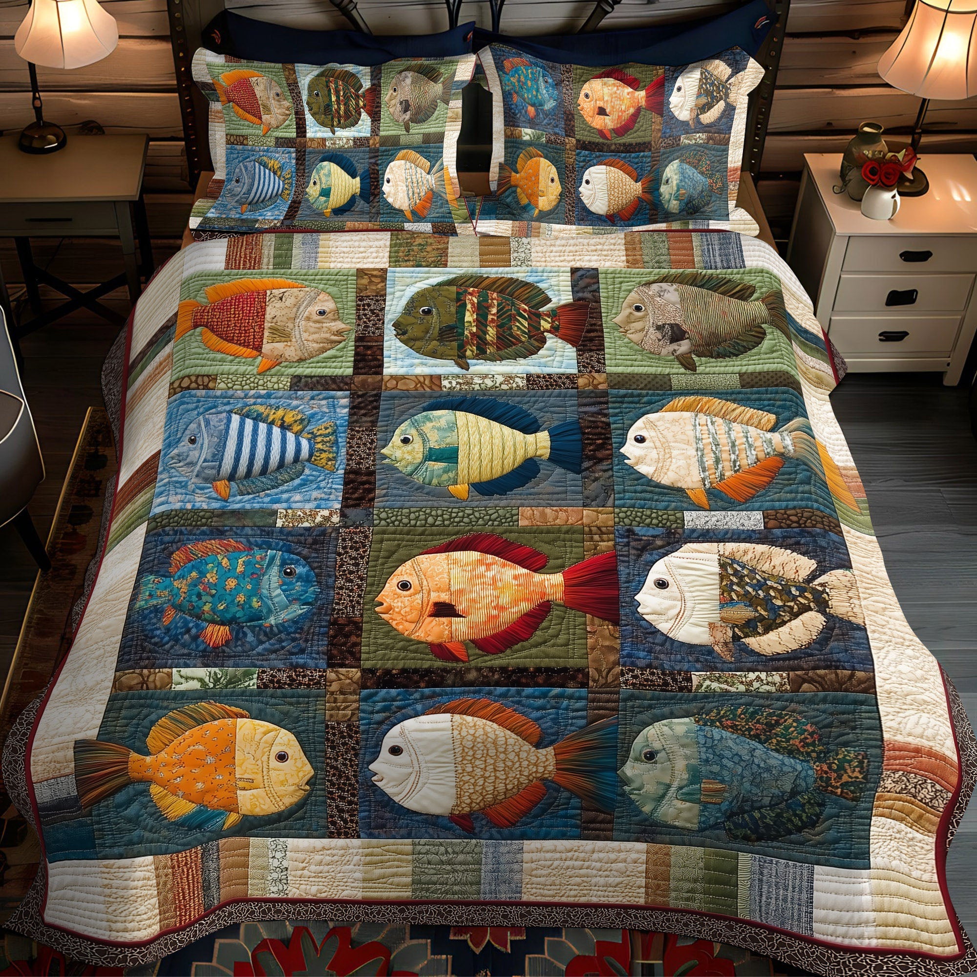 Tiny Tackle Quilted Bedding Set Bed Decor Cool Gifts For Fishing Lovers