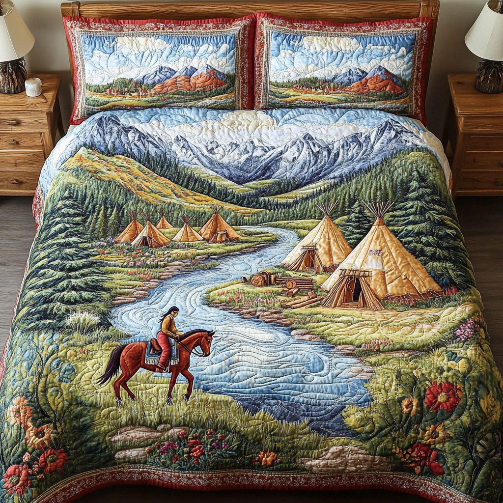 Tipi River Quilted Bedding Set Aesthetic Room Decor Horse Gifts For Equestrian Riders
