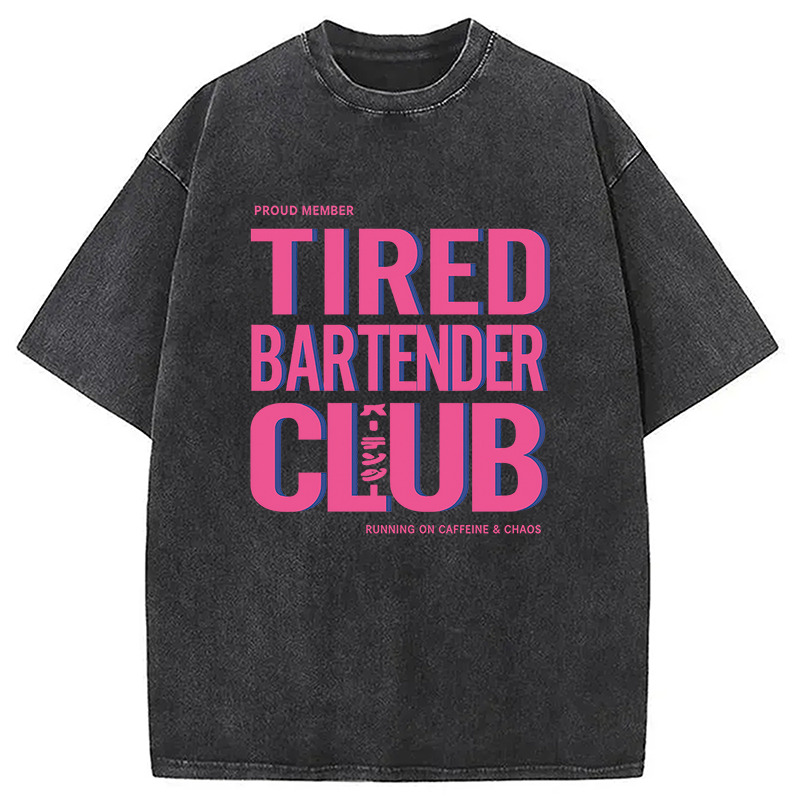 Tired Bartender Club Japanese Katakana Vintage Washed T-Shirt Retro Humor Graphic Top Gifts For BFF