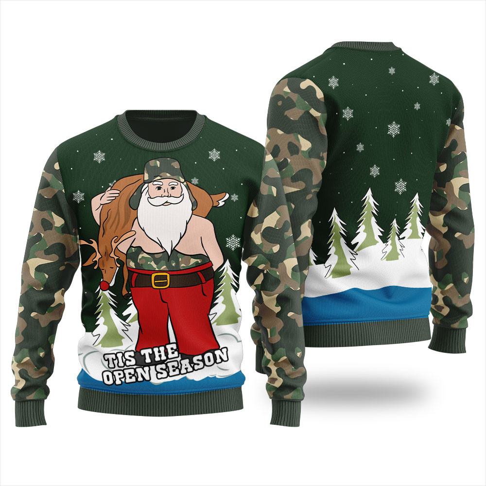 Tis The Open Season Santa With Reindeer Mens Ugly Christmas Sweater Perfect Winter Merch Gift for the Holiday Spirit