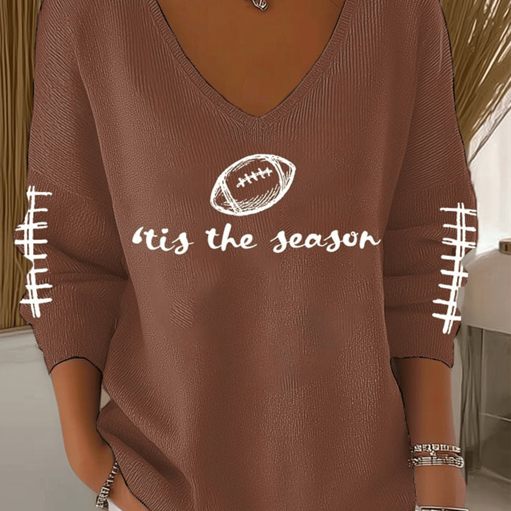Tis The Season Football Graphic V-Neck Long Sleeve Shirt Football Apparel Game Day Gift For Her