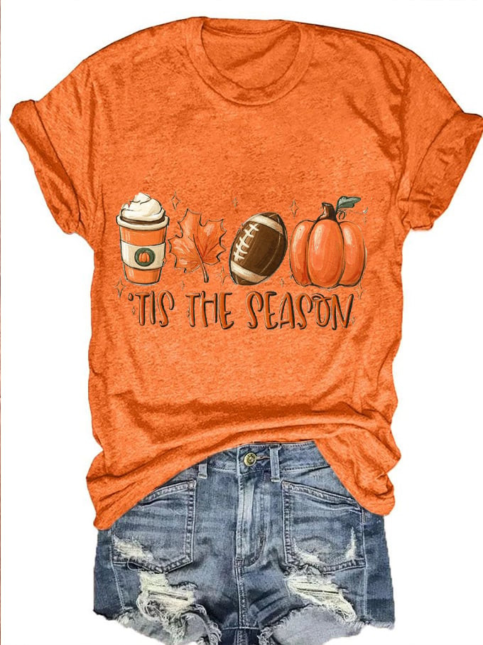 Tis The Season Pumpkin Football Maple Leaf Autumn T-Shirt Holiday Clothes Football Lover Gifts