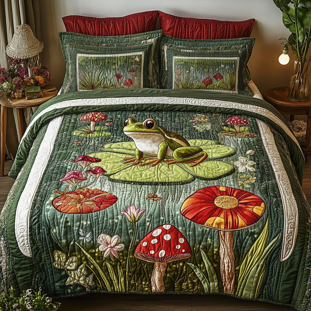 Toad Tranquility Quilted Bedding Set Bedroom Decor Ideas Cute Frog Gifts For Her