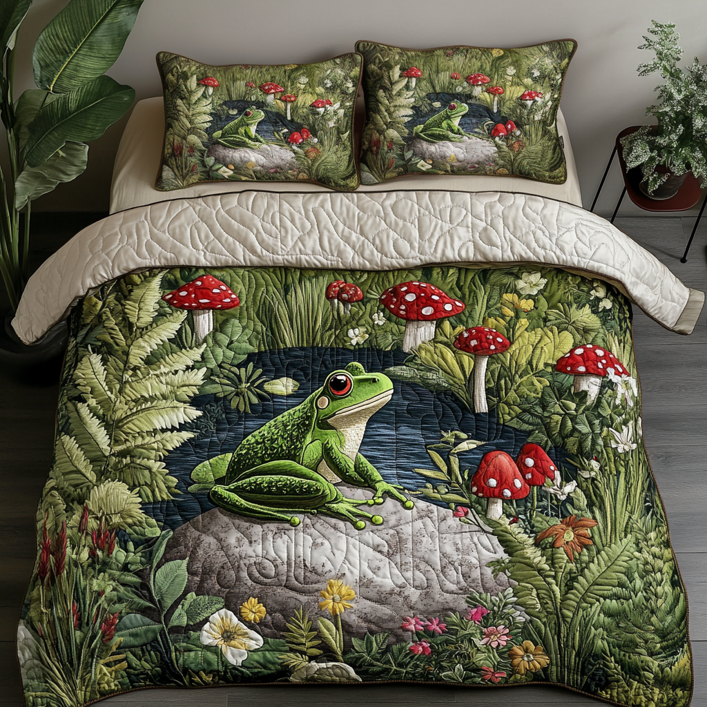 Toadstool Tales Quilted Bedding Set Best Bed Sheet Set Gift For Frog Lover