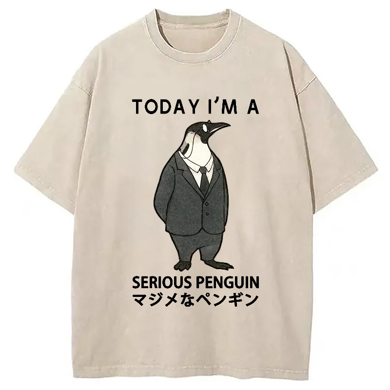 Today I'm A Serious Penguin Washed T-Shirt Retro Streetwear Graphic Top Gifts For Brother
