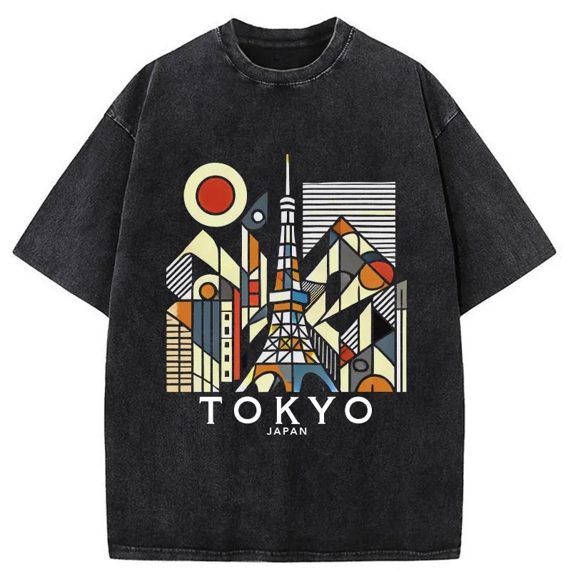 Tokyo 3D Architecture Washed T-Shirt Classic Graphic Fashion Tee Gifts For Best Friend
