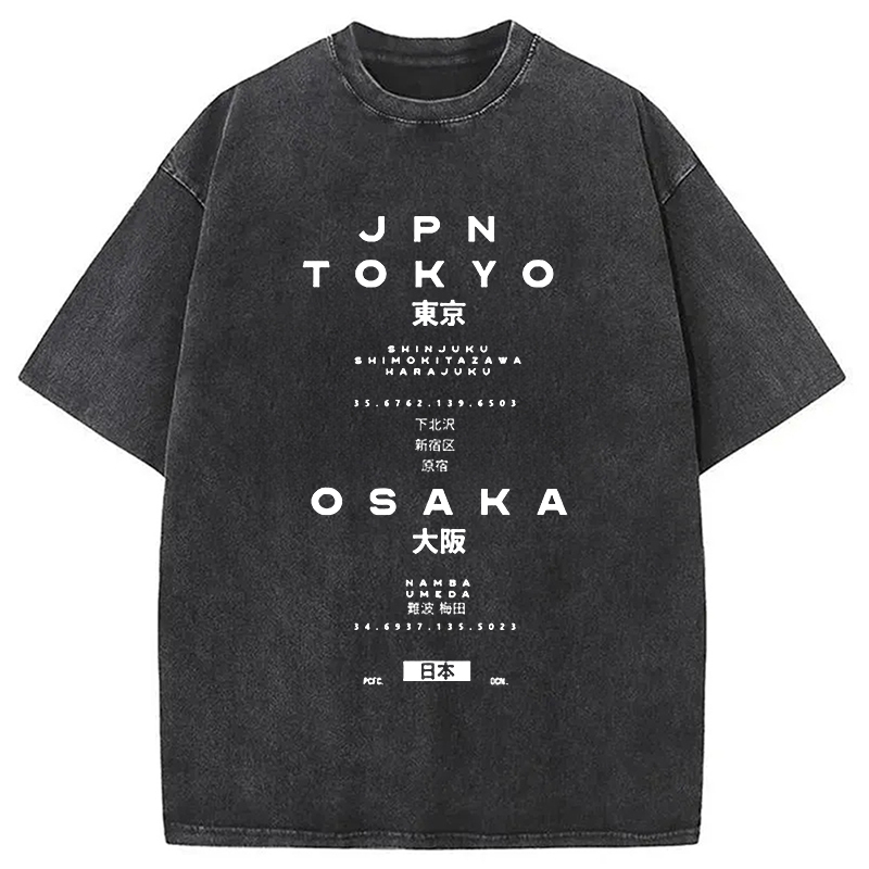 Tokyo and Osaka City District Washed T-Shirt Trendy Everyday Casual Outfit Gifts For Friends