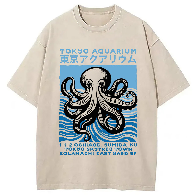 Tokyo Aquarium Octopus Washed T-Shirt Casual Vintage Everyday Look Gifts For Best Friend