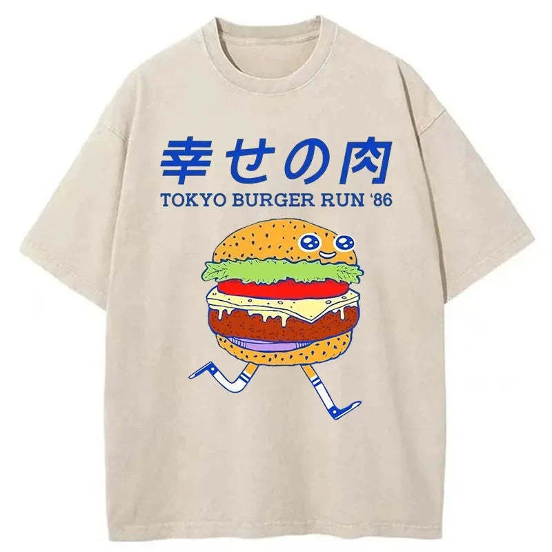 Tokyo Burger Run Japanese Washed T-Shirt Unisex Streetwear Graphic Style Gifts For Besties