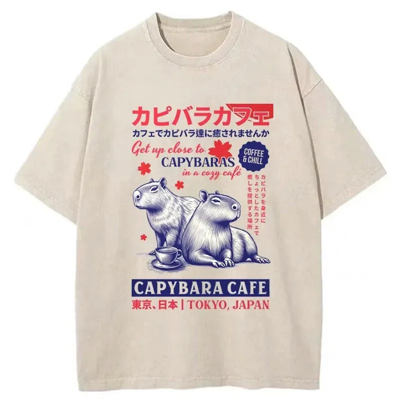 Tokyo Japan Capybara Cafe Washed T-Shirt Classic Graphic Fashion Tee Gifts For Him Tokyo Japan Capybara Cafe Washed T-Shirt Classic Graphic Fashion Tee Gifts For Him