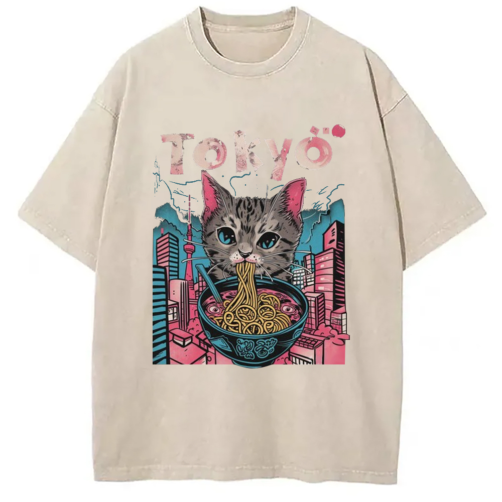 Tokyo Ramen Pink Cat Washed T-Shirt Unique Aesthetic Fashion Tee Gifts For Friends