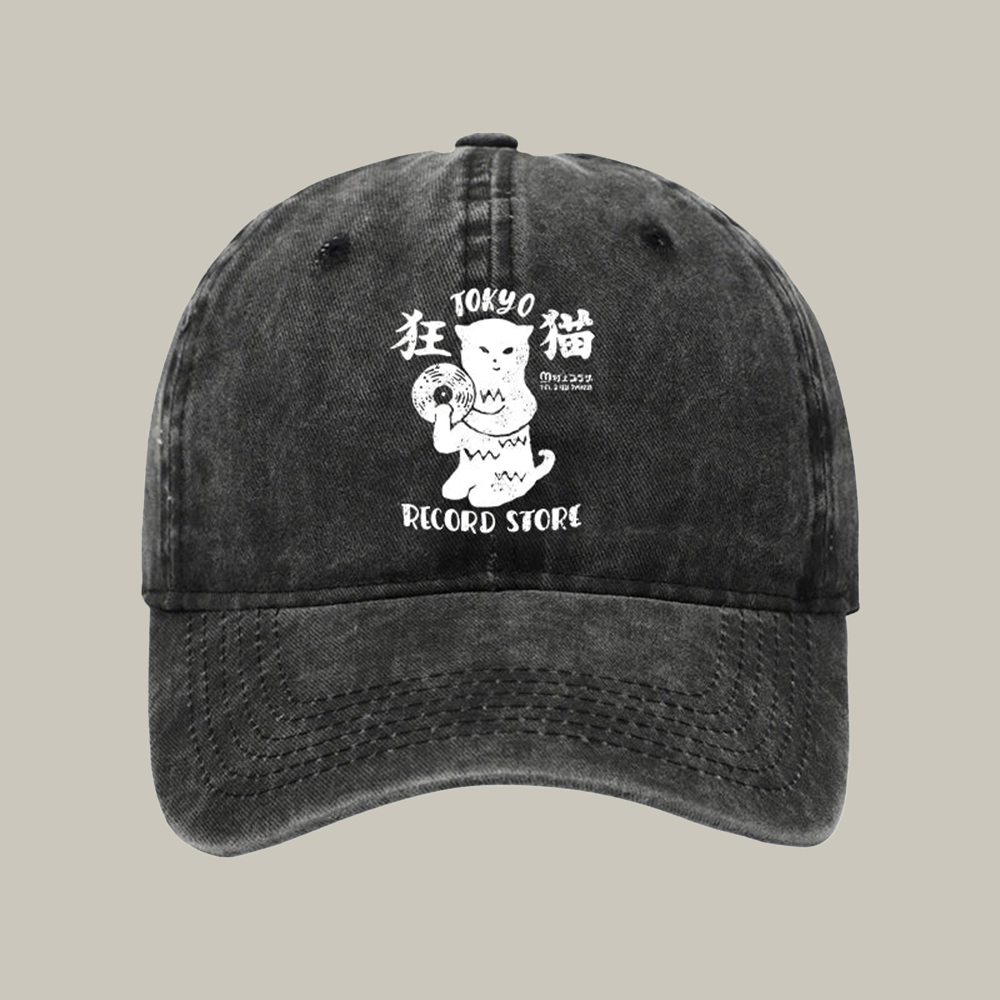 Tokyo Record Store Cat Cd Washed Cap Funny Dad Hat Cute Gifts For Cat Lovers