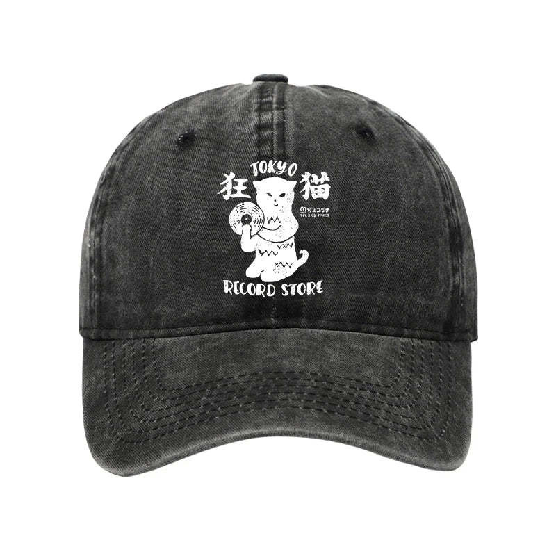 Tokyo Record Store Cat Cd Washed Hat Animal Themed Trendy Cap Cool Gifts For Cat Lover
