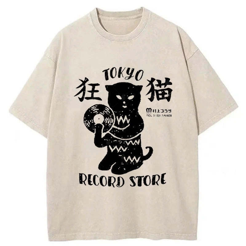 Tokyo Record Store Cat CD Washed T-Shirt Unique Aesthetic Fashion Tee Gifts For Him