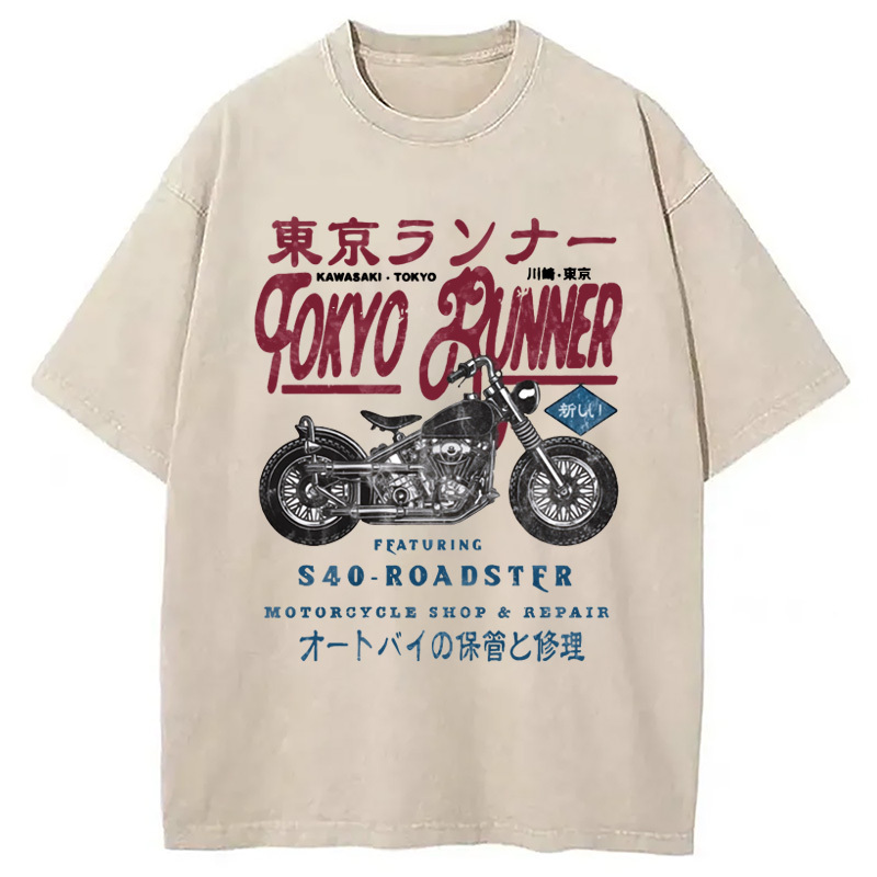 Tokyo Runner Motorcycle Washed T-Shirt Trendy Aesthetic Graphic Apparel Gifts For Him