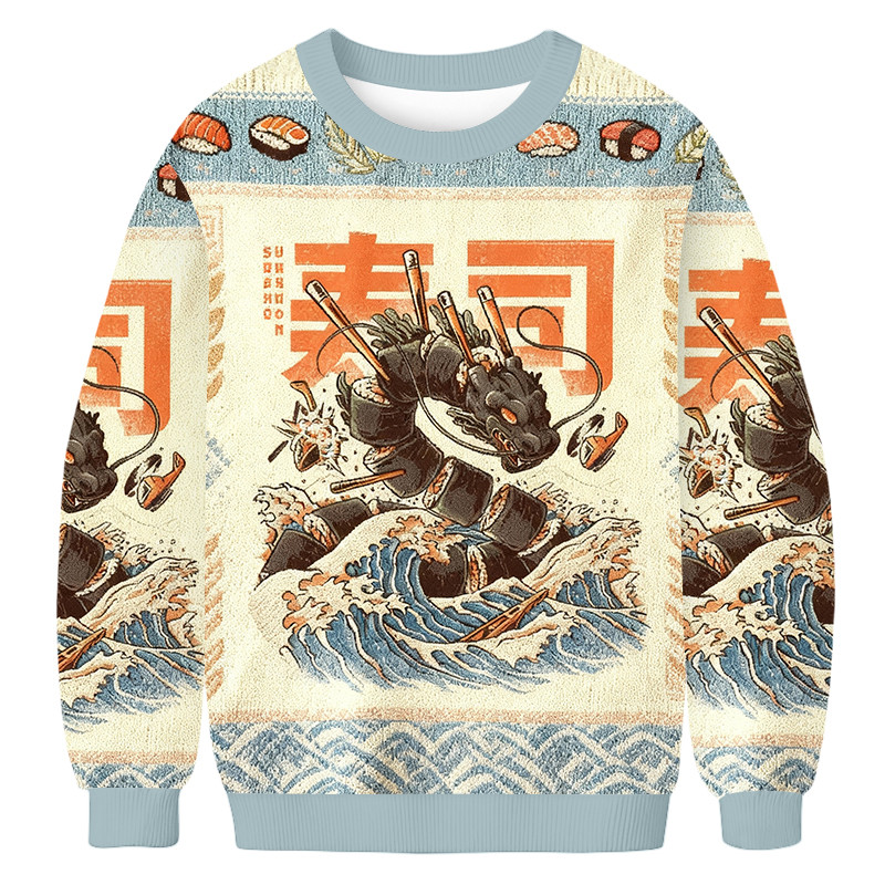 Tokyo Sushi Dragon Ugly Sweater Japanese Art Novelty Sweater Gifts For Sushi Lovers