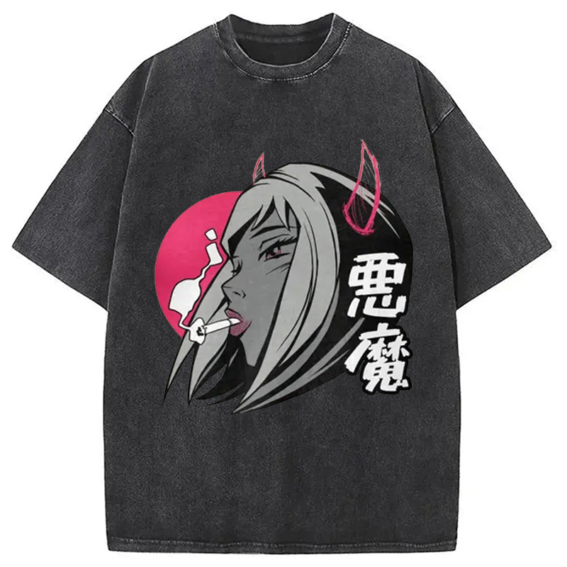 Tokyocanva Japanese Demon Girl Washed T-Shirt Retro Streetwear Graphic Top Gifts For Friends