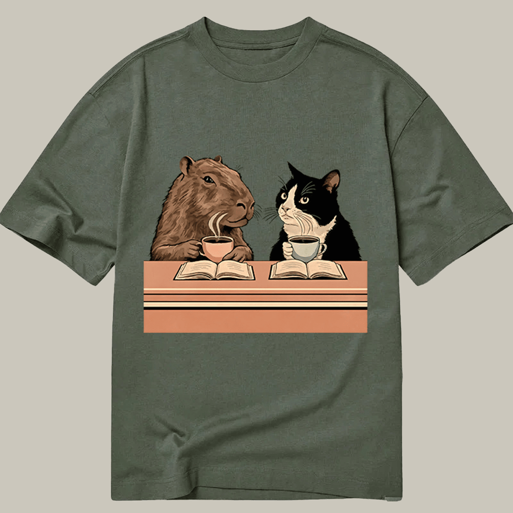 Tokyocanvas Capybara And Cat Talk Classic T Shirt Humor Print Tee Christmas Gift Ideas For Son