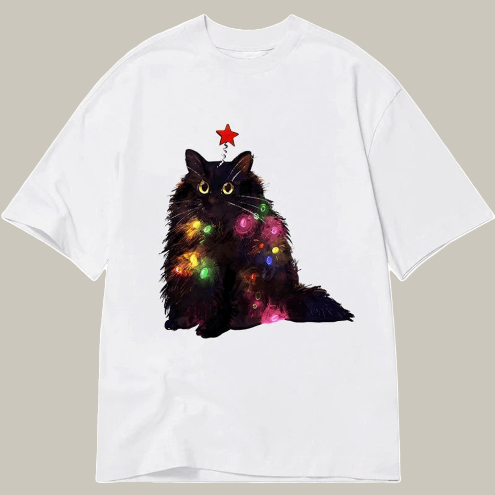 Tokyocanvas Christmas Lights Cat Classic T Shirt Humor Print Tee Presents For Daughter In Law