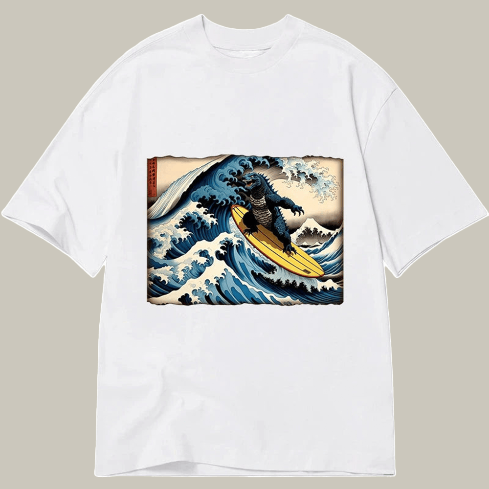 Tokyocanvas Dinosaur Surfing Japanese Classic T Shirt Hilarious Shirt Father Daughter Presents