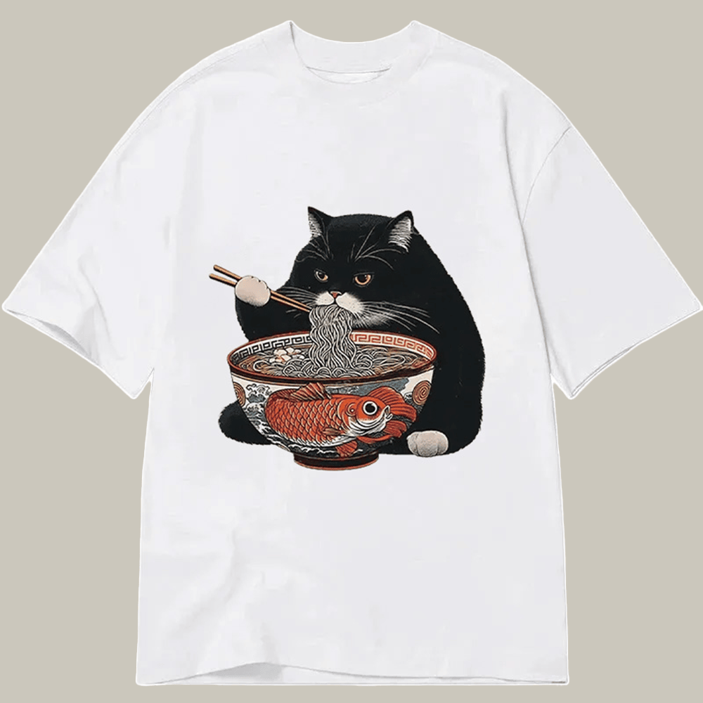Tokyocanvas Fat Cat Eating Ramen Classic Funny Printed T-shirt Christmas Gift for Mom 2025