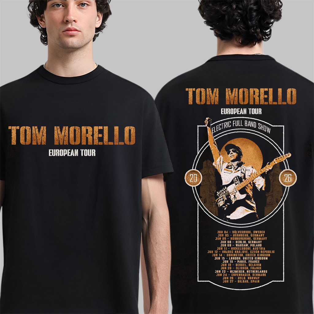 Tom Morello European Tour 2026 Electric Full Band Show Schedule Dates Two Sided T-Shirt