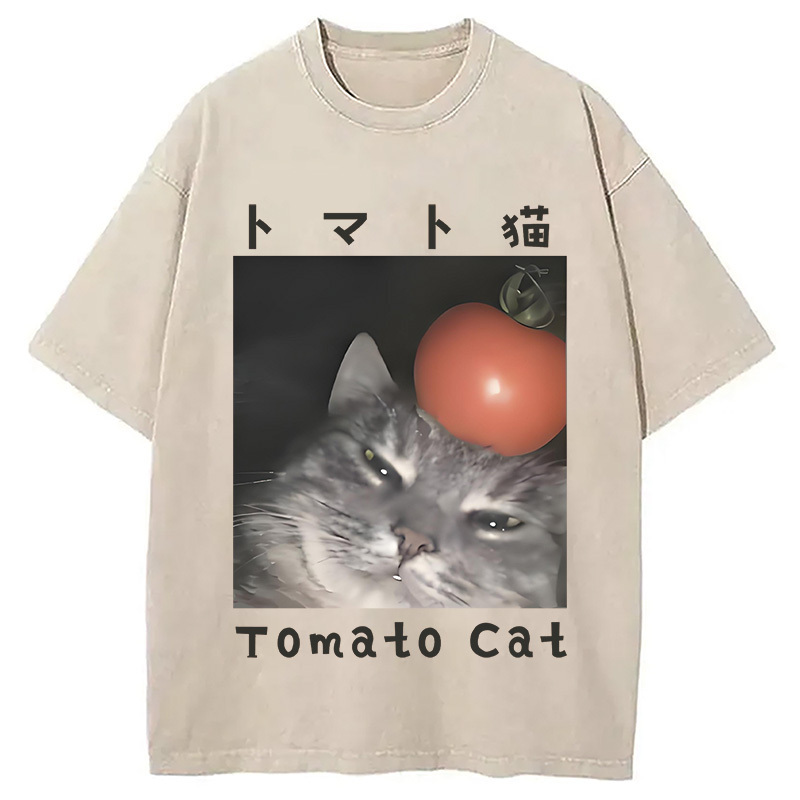 Tomato Cat Washed T-Shirt Cool Urban Street Style Shirt Gifts For Her Tomato Cat Washed T-Shirt Cool Urban Street Style Shirt Gifts For Her