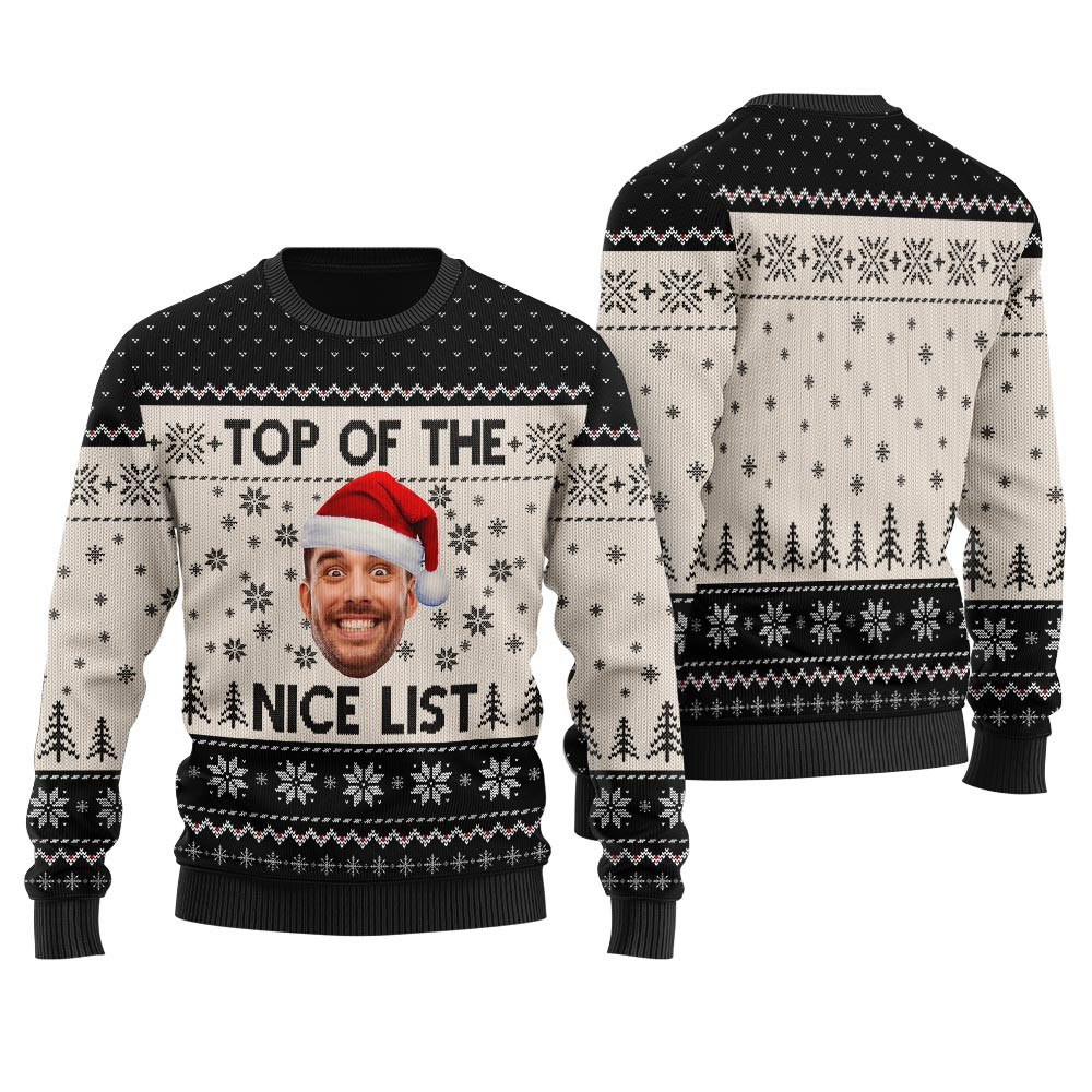 Top Of The Nice List Custom Ugly Sweater Black Holiday Sweaters For Men