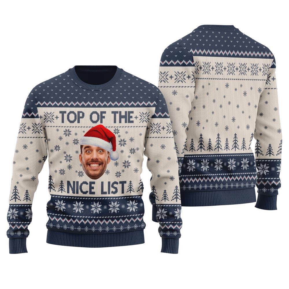 Top Of The Nice List Custom Ugly Sweater Navy Christmas Sweaters For Men