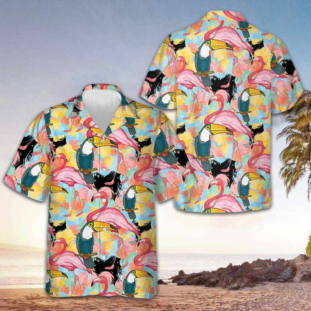 Toucans And Flamingos Exotic Floral Hawaiian Shirt Beach Button Up Shirts Mens