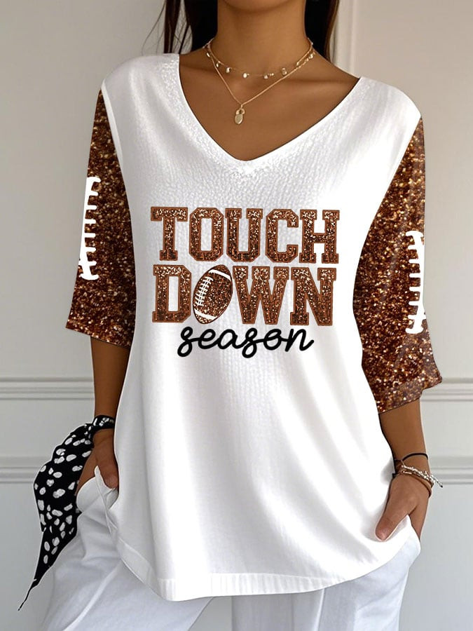 Touch Down Season V-Neck Long Sleeve Shirt Football Apparel Gift Ideas For Women
