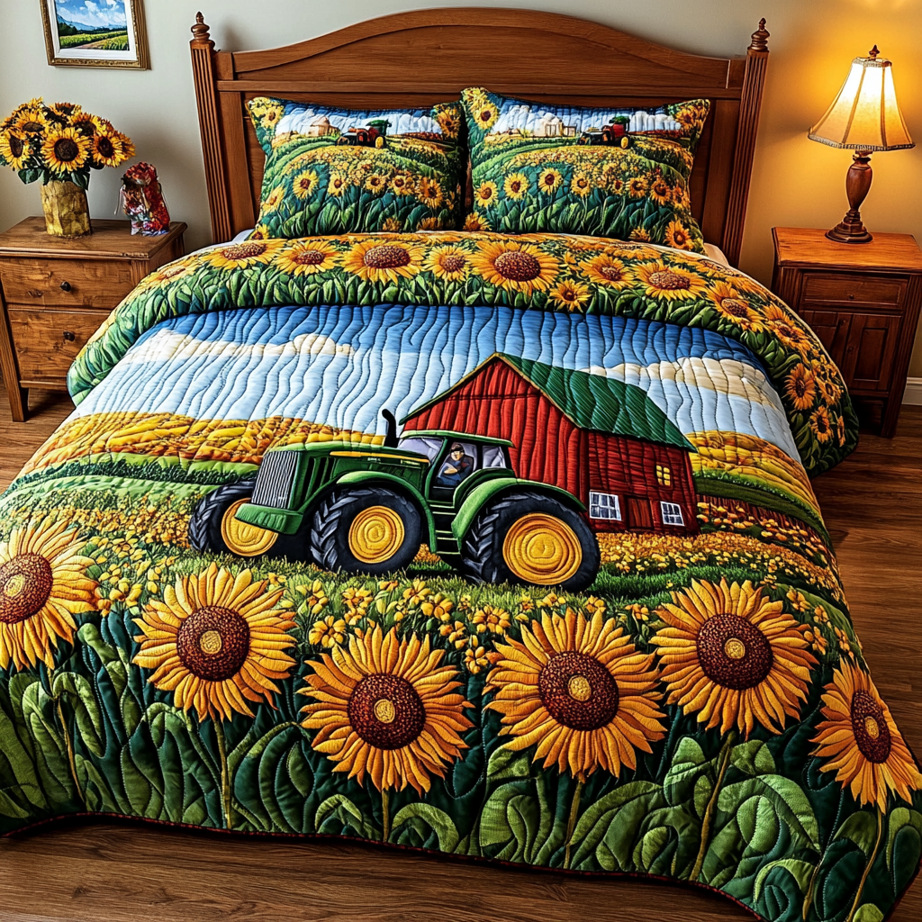 Tractor Bloom Quilted Bedding Set Best Bedspread Set Best Gifts For Tractor Lovers