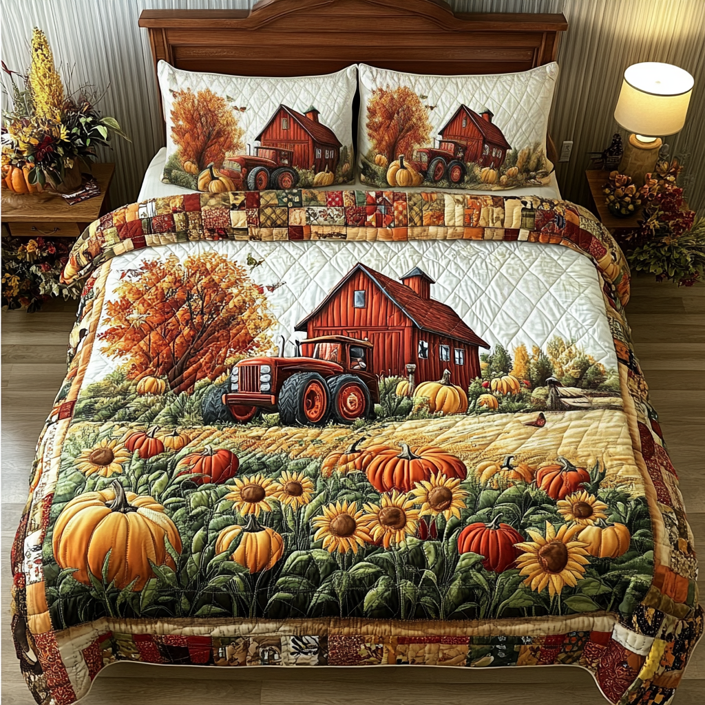 Tractor Field Quilted Bedding Set Bed Decorations Fall Autumn Gifts For Her