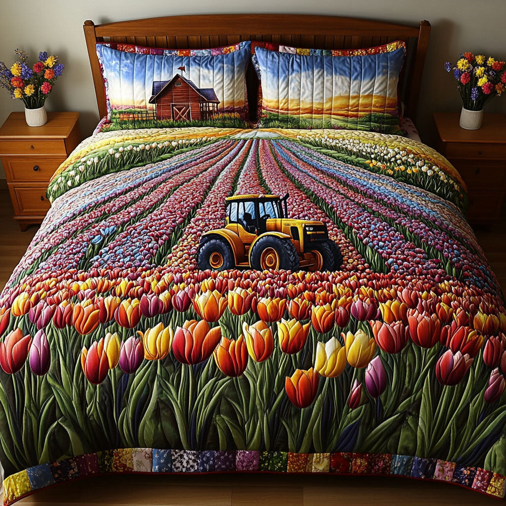 Tractor In Bloom Quilted Bedding Set Elegant Bed Linen Set for Cozy Nights