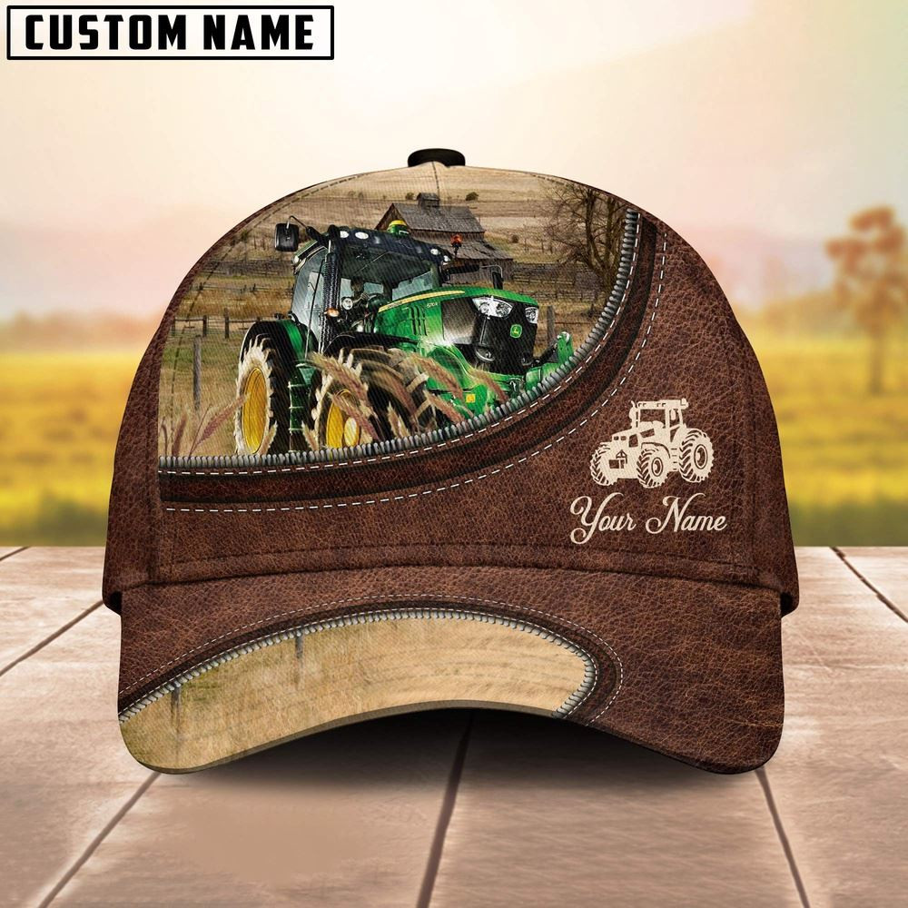 Tractor On The Farm Customized Name Leather Pattern Cap Farm Cap Farmer Baseball Cap Gift For Farmer