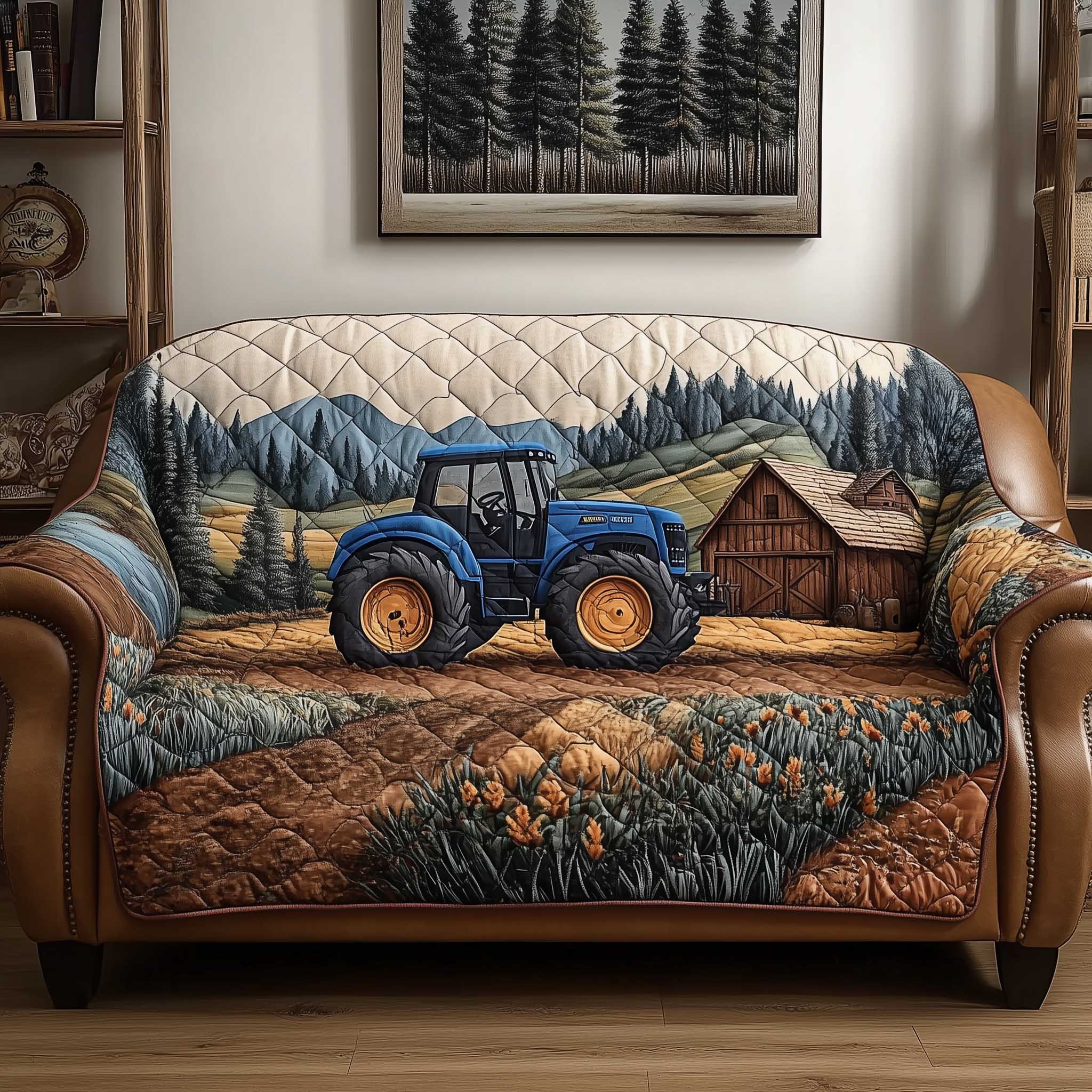 Tractor Quilted Sofa Cover Country Life Verhicle Motif Throw Tractor Gifts For Dad Farmers